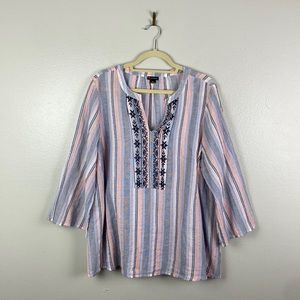 New Directions | Salmon Blue Embroidered Cotton Loose Blouse XL